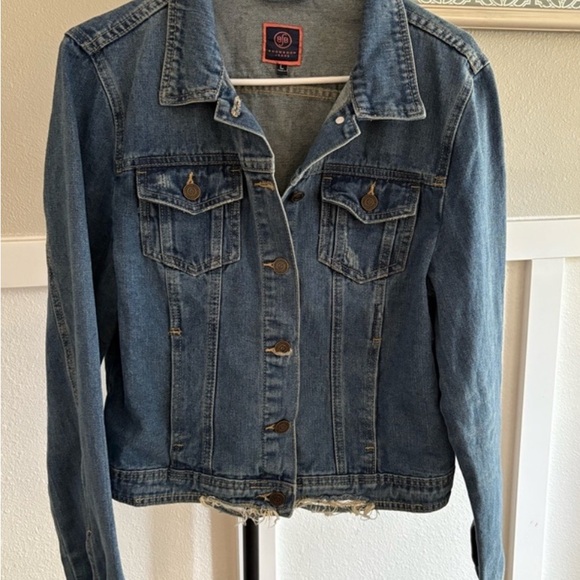 Boom Boom Jeans Distressed Denim Jacket (L) + Derek Heart Olive Green Romper (M) - Picture 3 of 4